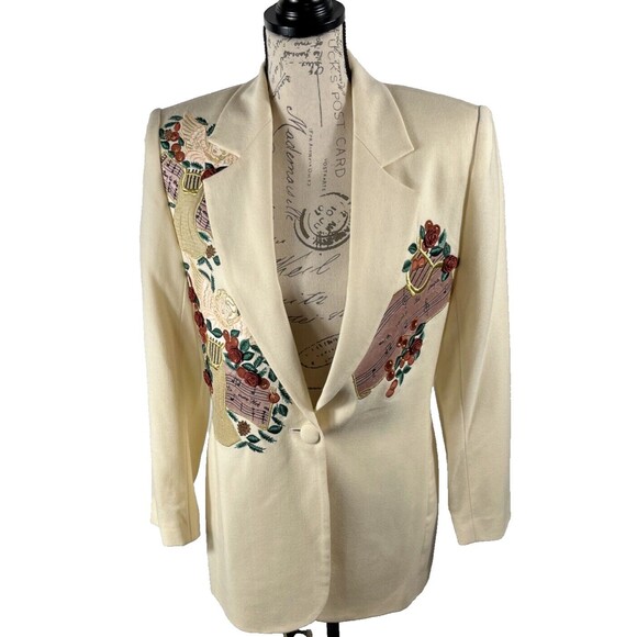 VTG Rare JENNA Blazer Women’s Ivory Sz 4 Wool Musical Applique Angel Embroidery - Picture 1 of 8